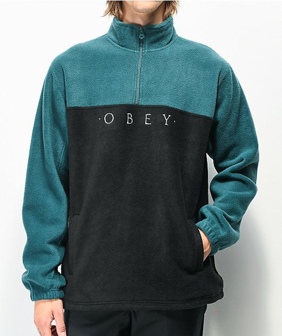 Clothing * | Obey Channel Black & Teal Tech Fleece Sweatshirt Promotions