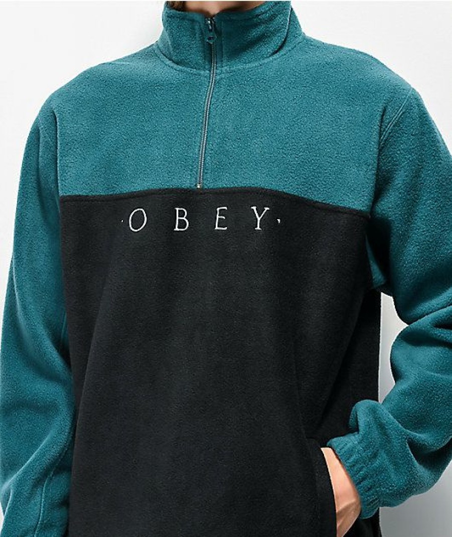 Clothing * | Obey Channel Black & Teal Tech Fleece Sweatshirt Promotions