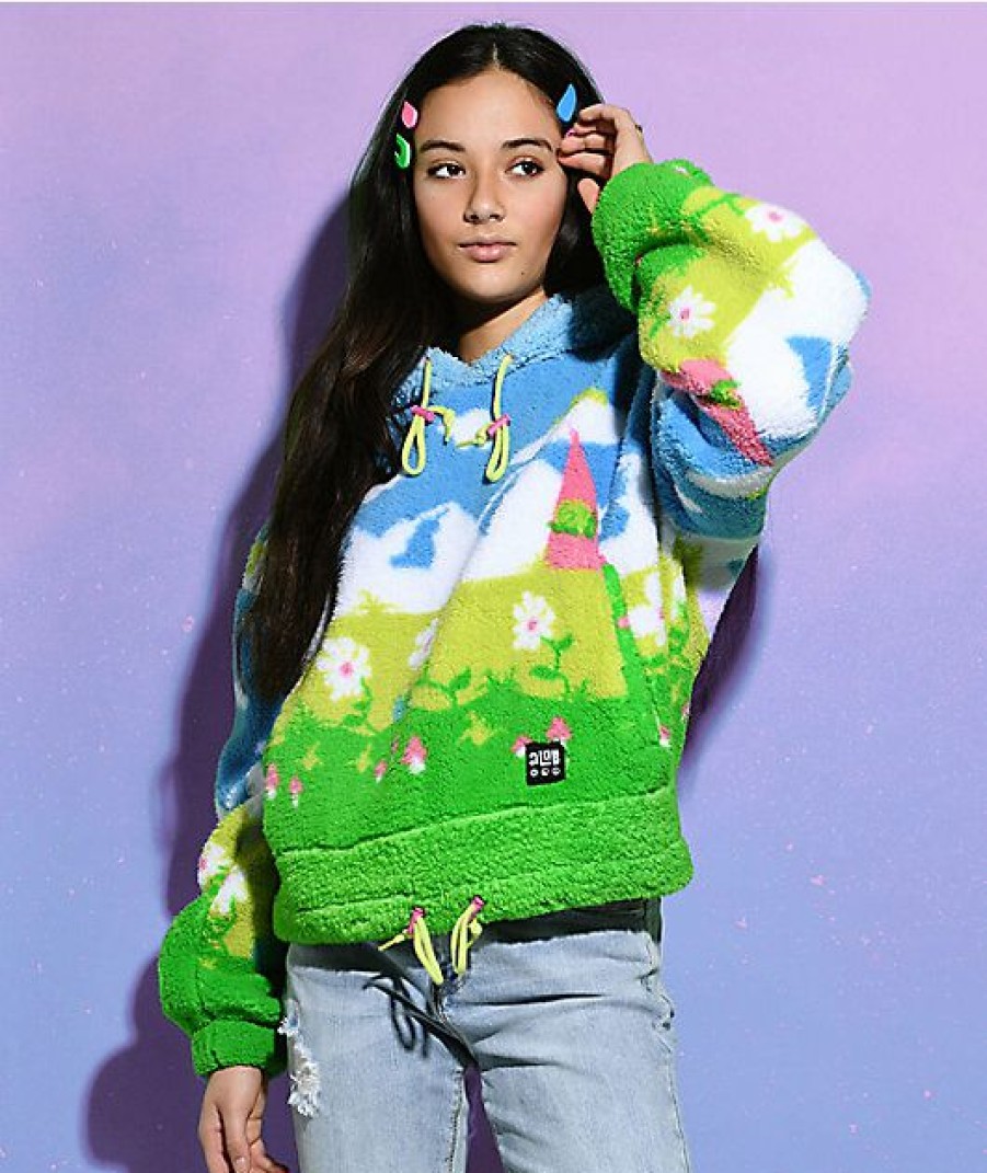 Clothing * | A-Lab Kadley Trippy Landscape Blue & Green Crop Sherpa Hoodie Promotions