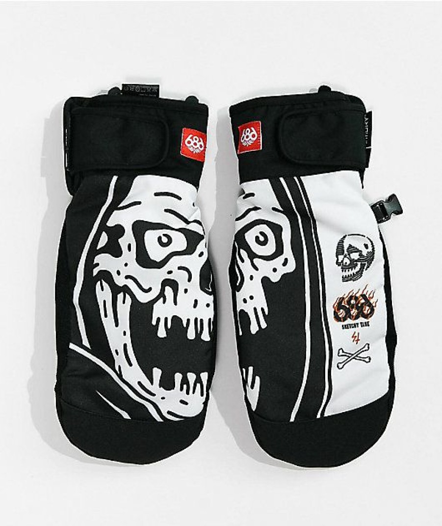 Snowboard * | 686 X Sketchy Tank Sketch Skull Black & White 10K Snowboard Mittens Limit Offer