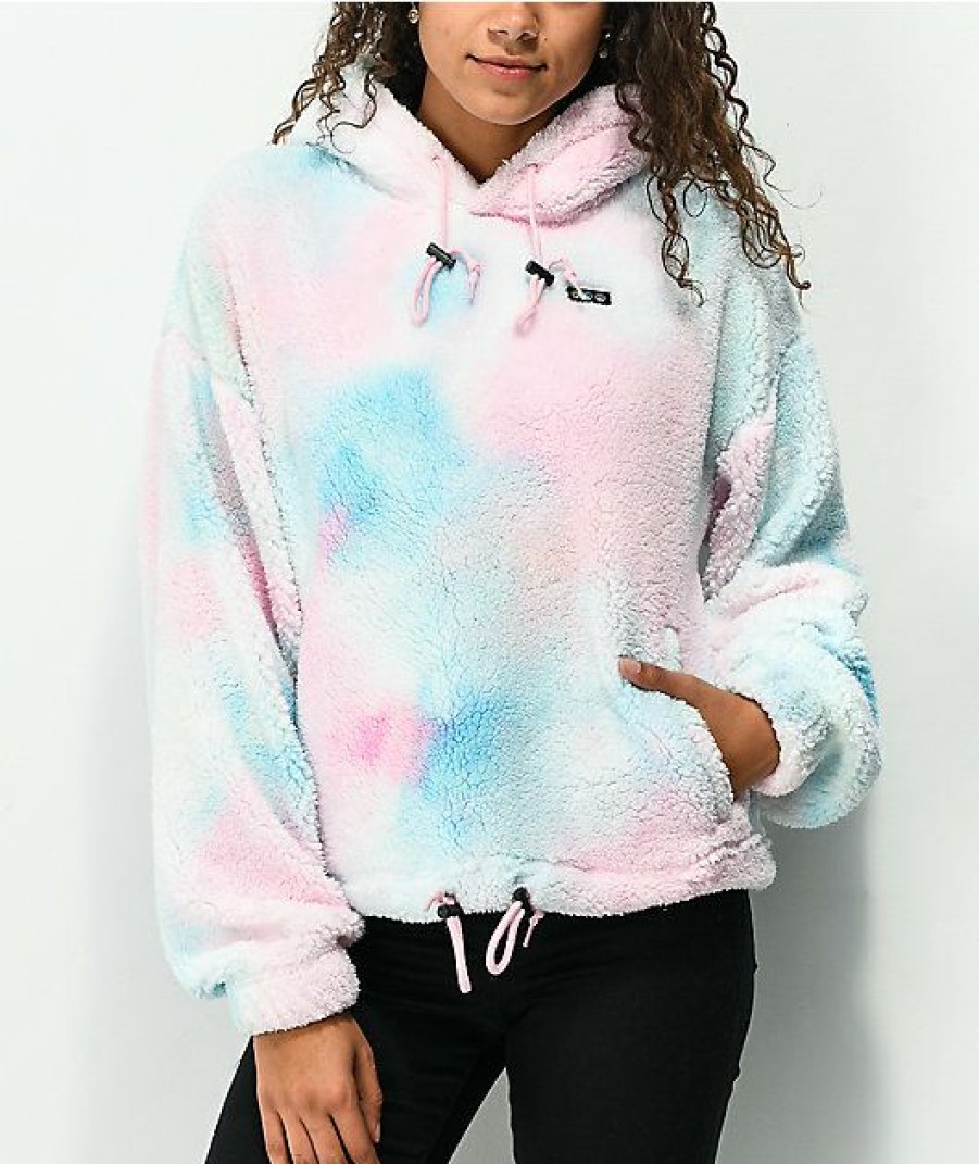 Clothing * | A-Lab Kendallie Cotton Candy Tie Dye Crop Sherpa Hoodie Promotions