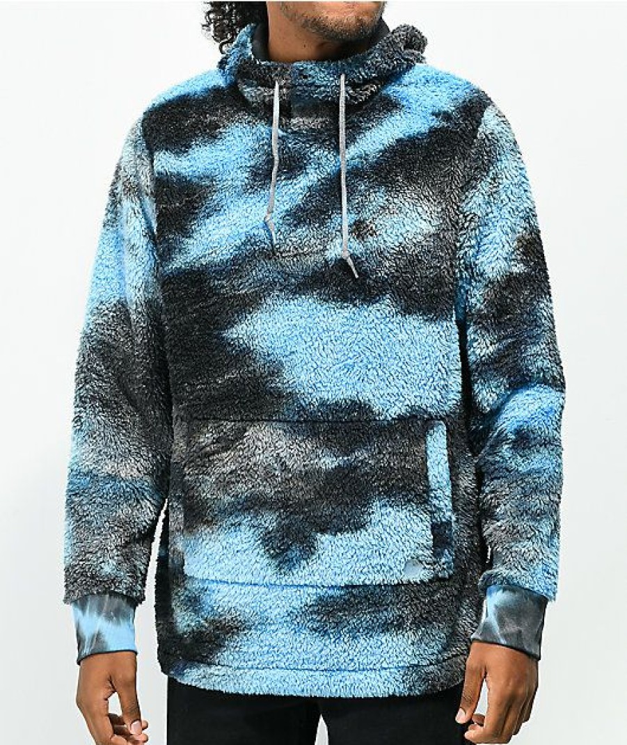 Clothing * | Empyre Tyen Blue & Black Tie Dye Sherpa Fleece Hoodie Promotions