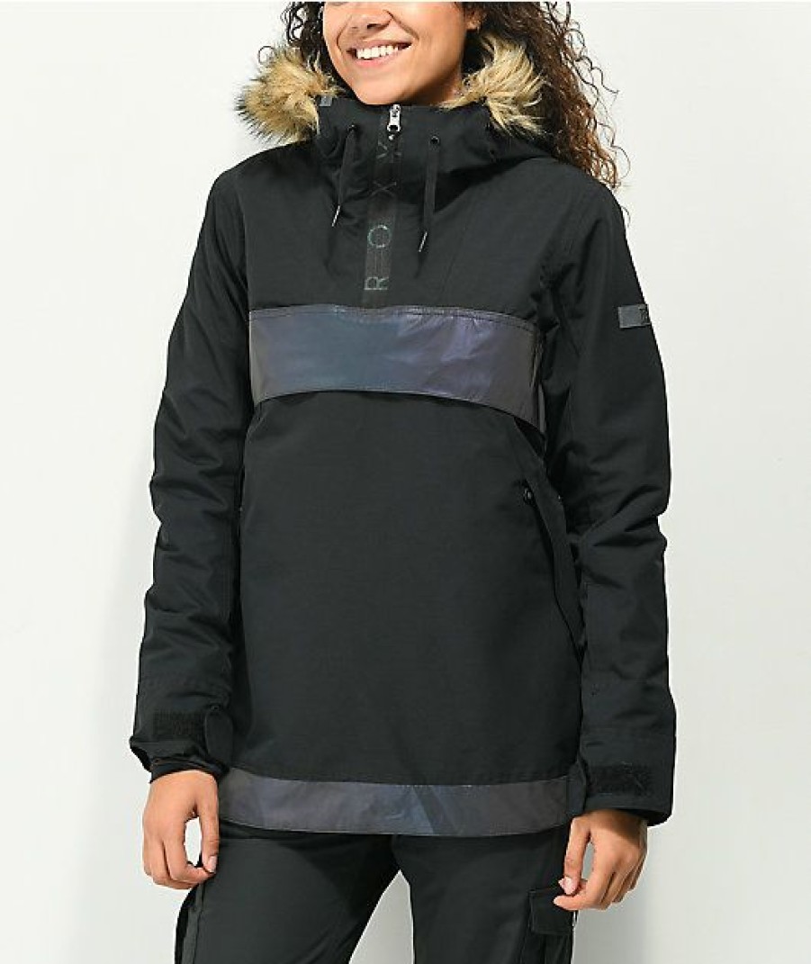 Snowboard * | Roxy Shelter Black & Irridescent Anorak 10K Snowboard Jacket Limit Offer