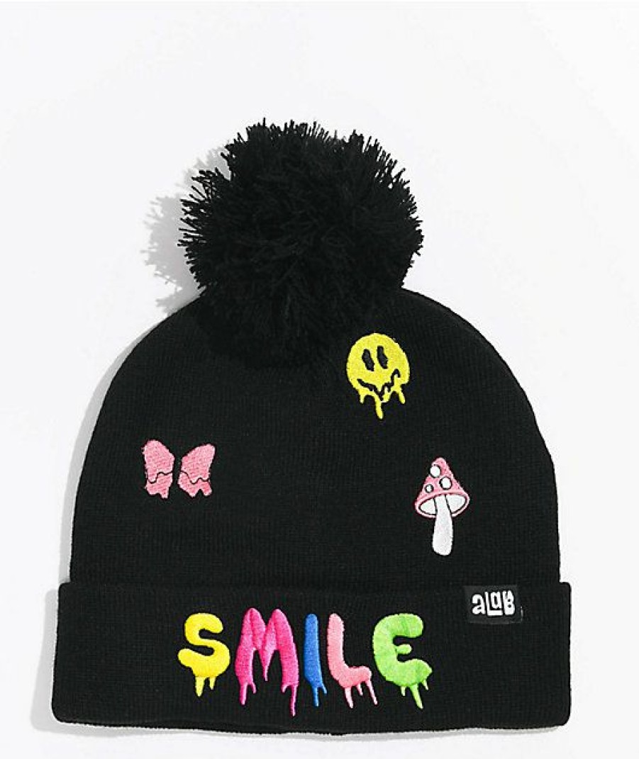 Beanies * | A-Lab Smile Black Pom Beanie Promotions